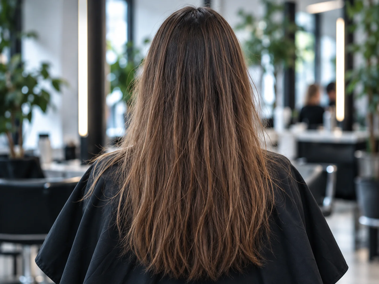 The back of a client's long brown hair before styling, hanging straight and flat over a black cape