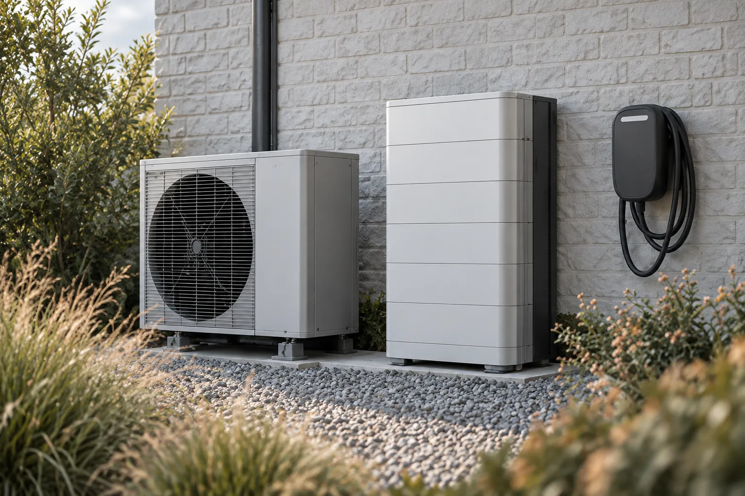 Wärmepumpe, Batteriespeicher und Wallbox als Exponate vor einer hellen Backsteinwand