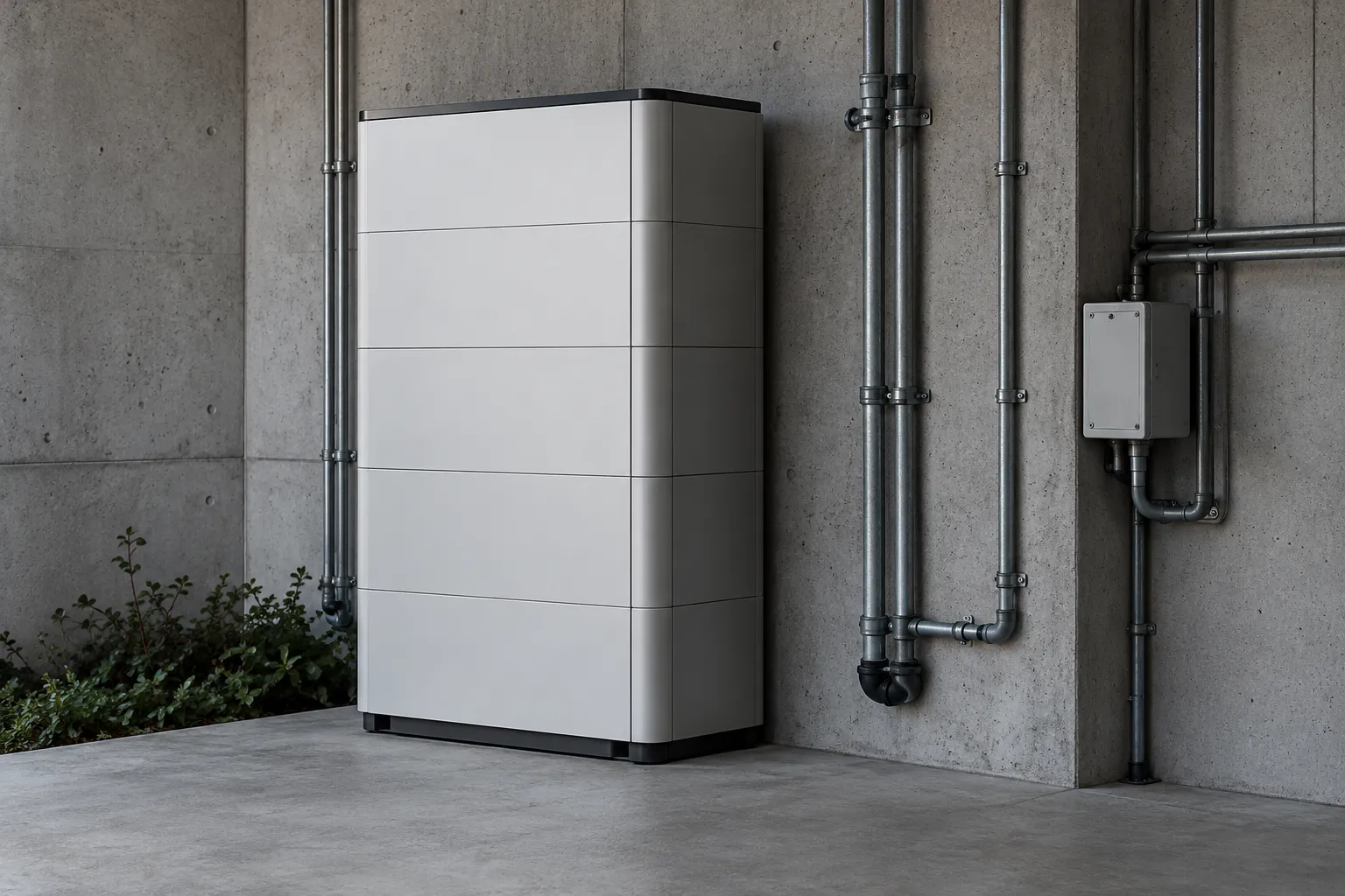 Ein weißer modularer Batteriespeicher an einer Betonwand im Hauswirtschaftsraum