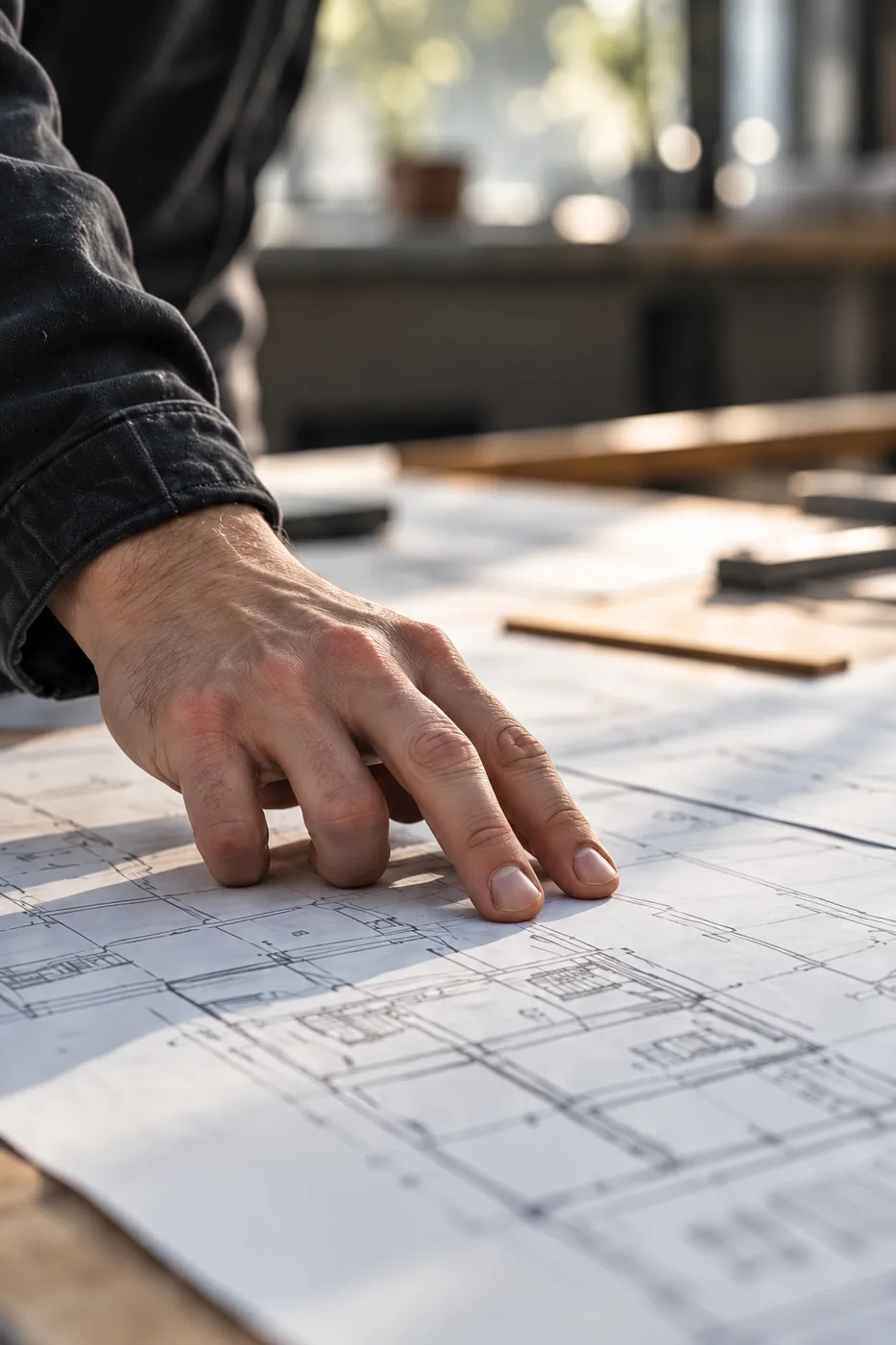 Eine Hand liegt auf ausgebreiteten Dach- und Grundrissplänen auf einem Werkstatttisch