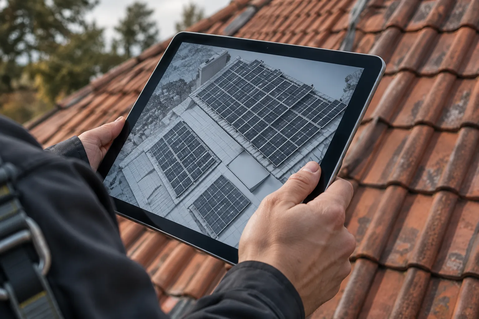 Zwei Hände halten über einem Ziegeldach ein Tablet mit einem schlichten 3D-Dachmodell