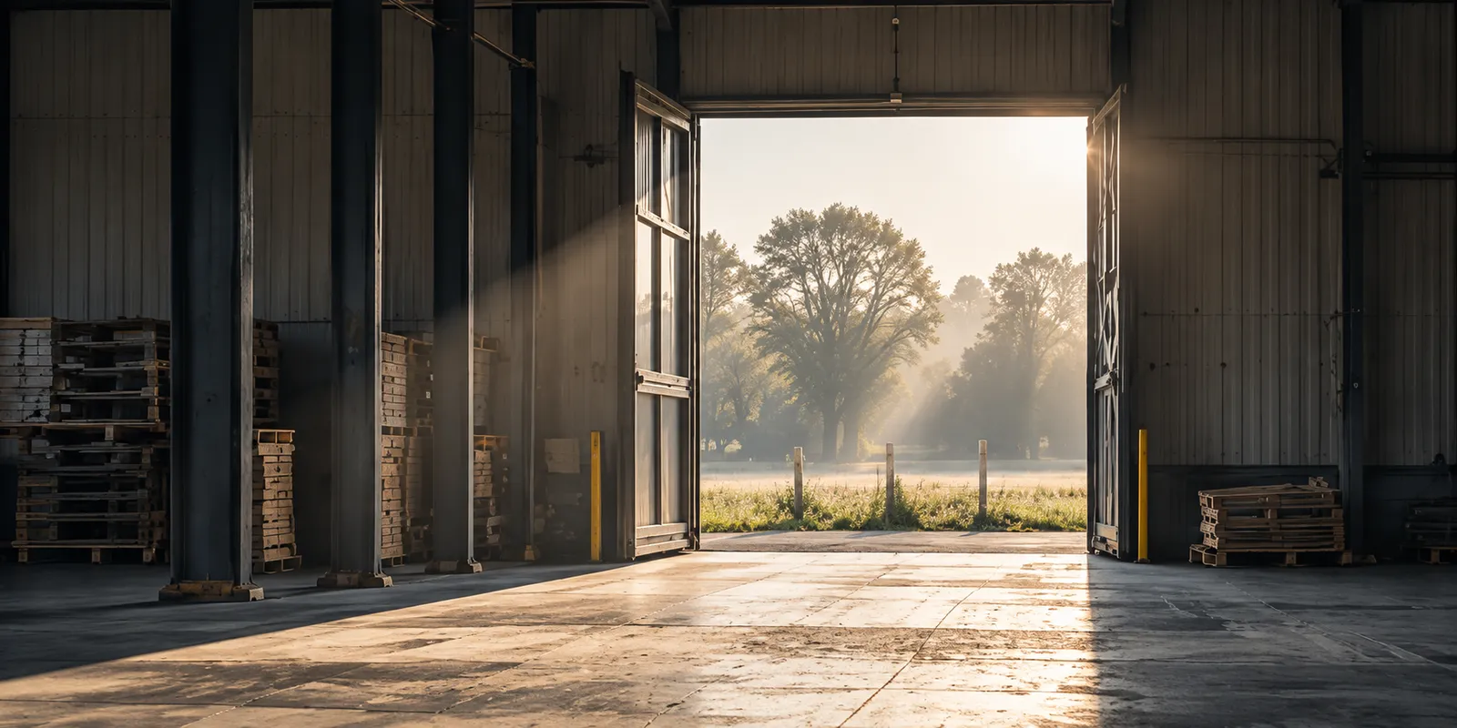 Das offene Tor einer Halle im Morgenlicht, Licht fällt über den Betonboden