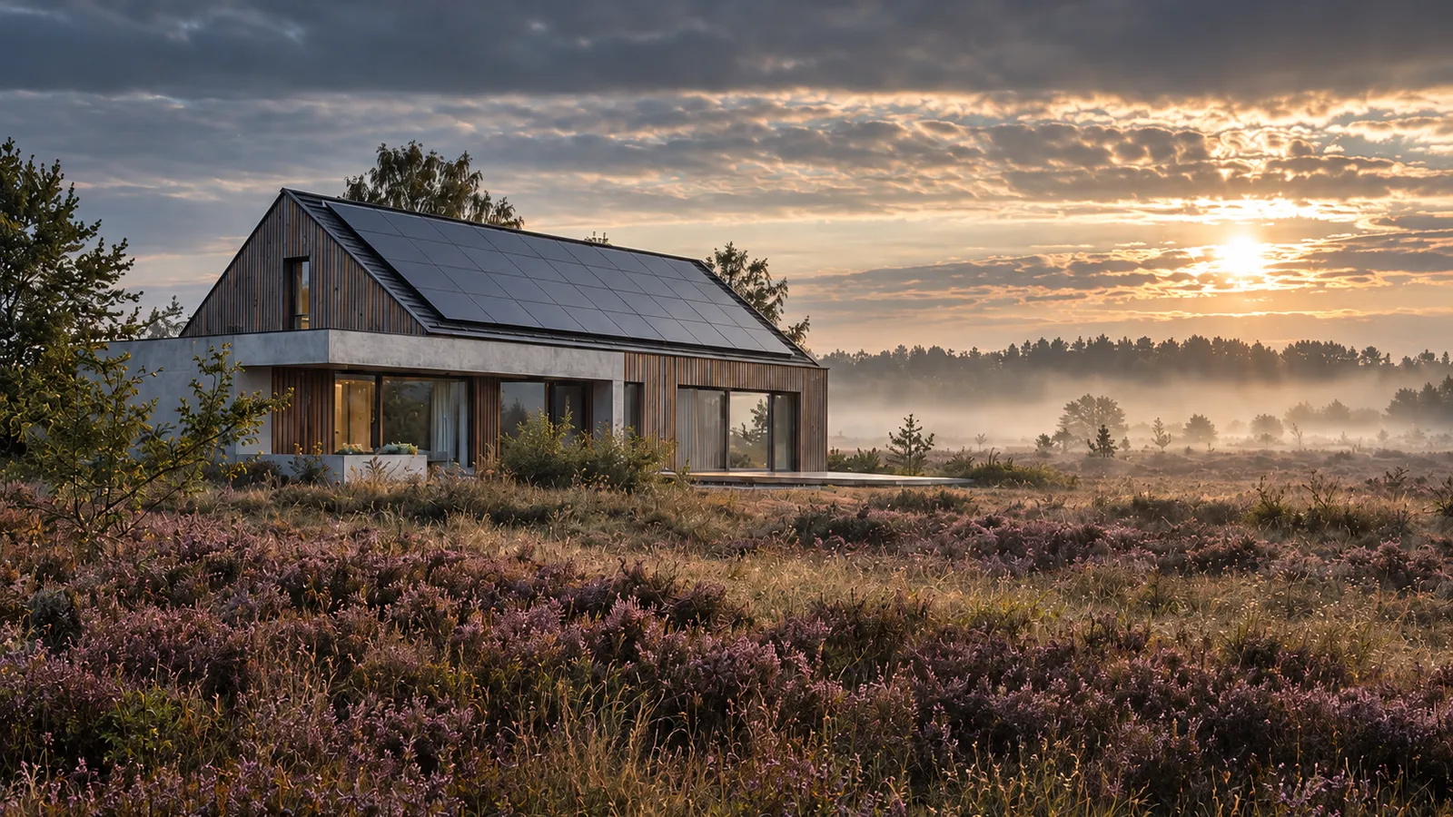 Ein Holzhaus mit dunklem Solardach am Rand der Heide, Nebel über dem Heidekraut, die tiefe Sonne hinter Wolken