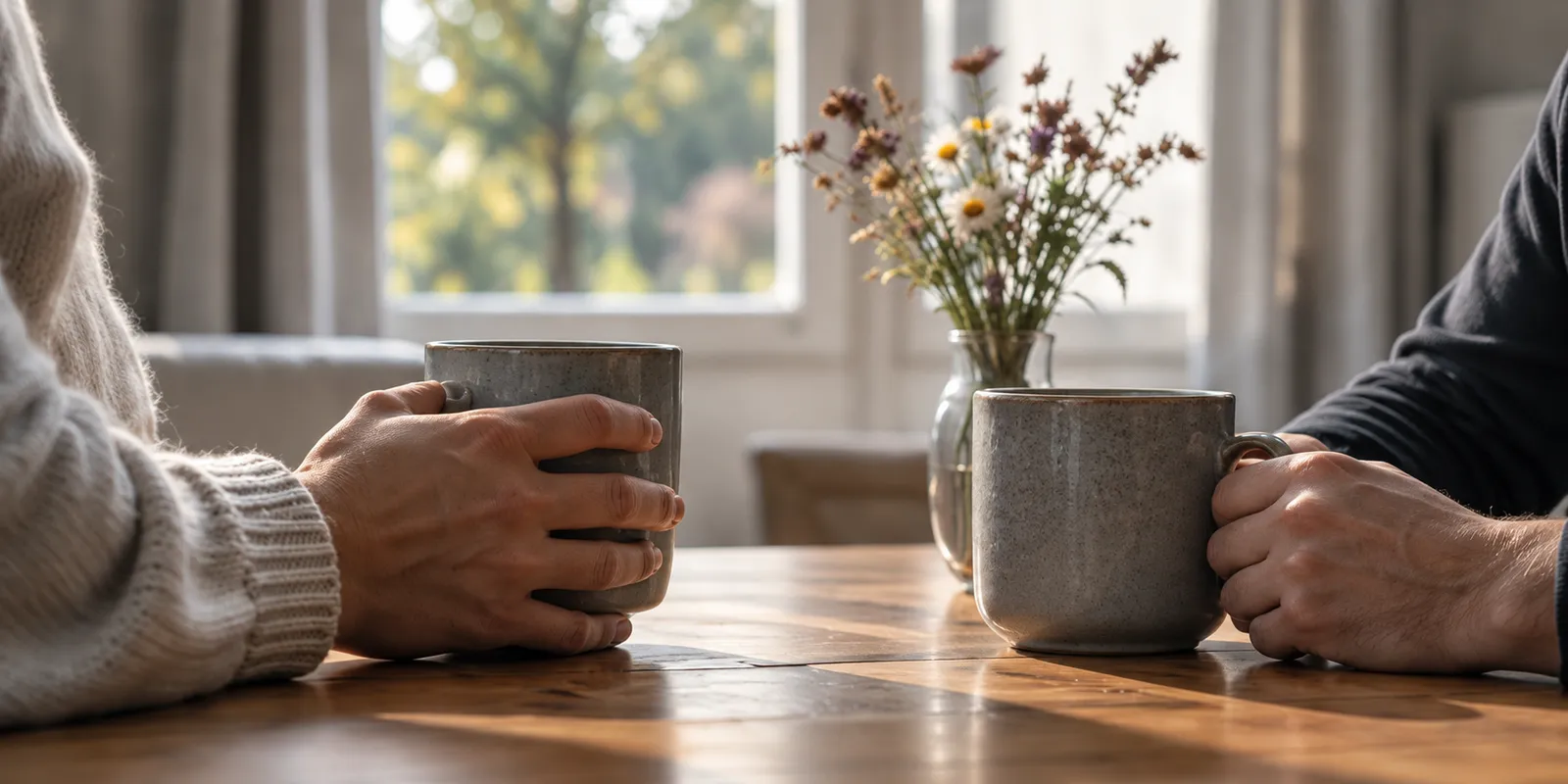 Zwei Hände halten Kaffeebecher an einem Holztisch am Küchenfenster, daneben eine kleine Vase