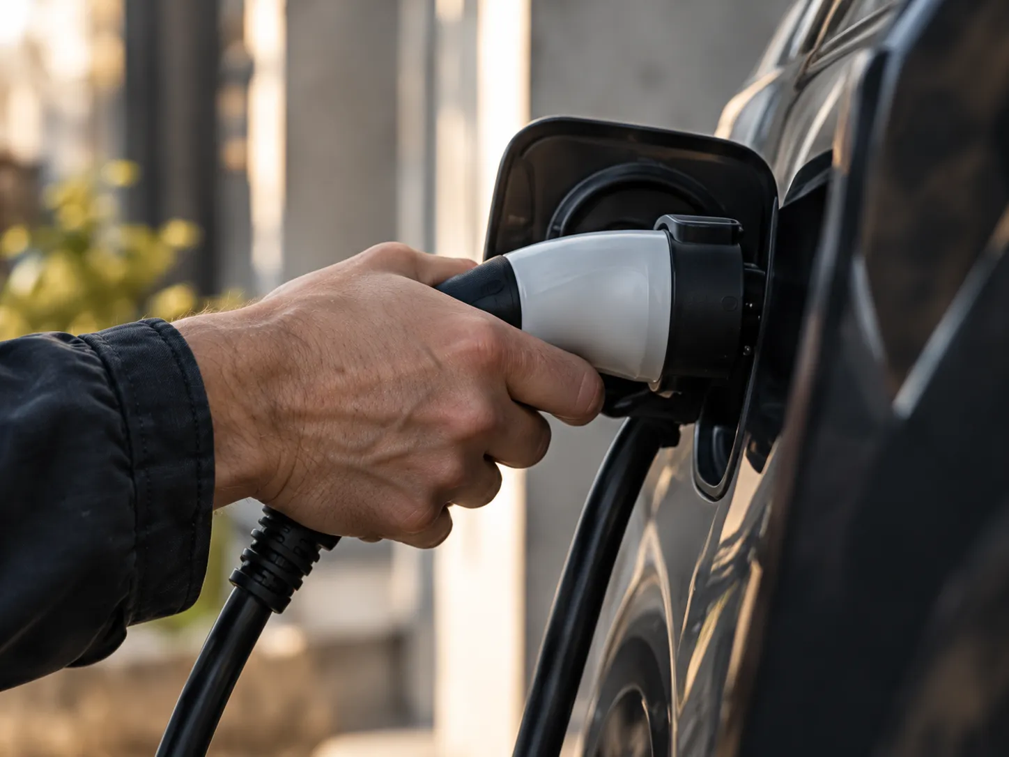 Eine Hand steckt den Ladestecker in die Ladebuchse eines dunklen Autos