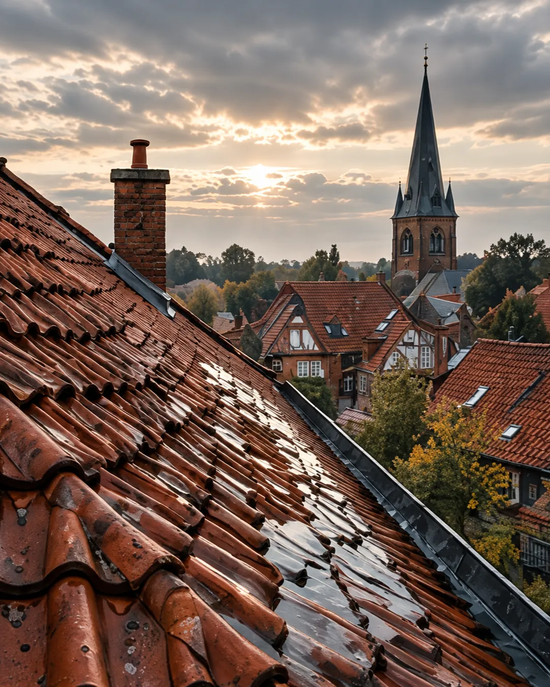 Ein nasses Ziegeldach nach Regen, dahinter die Backsteinhäuser und ein Kirchturm in Lüneburg