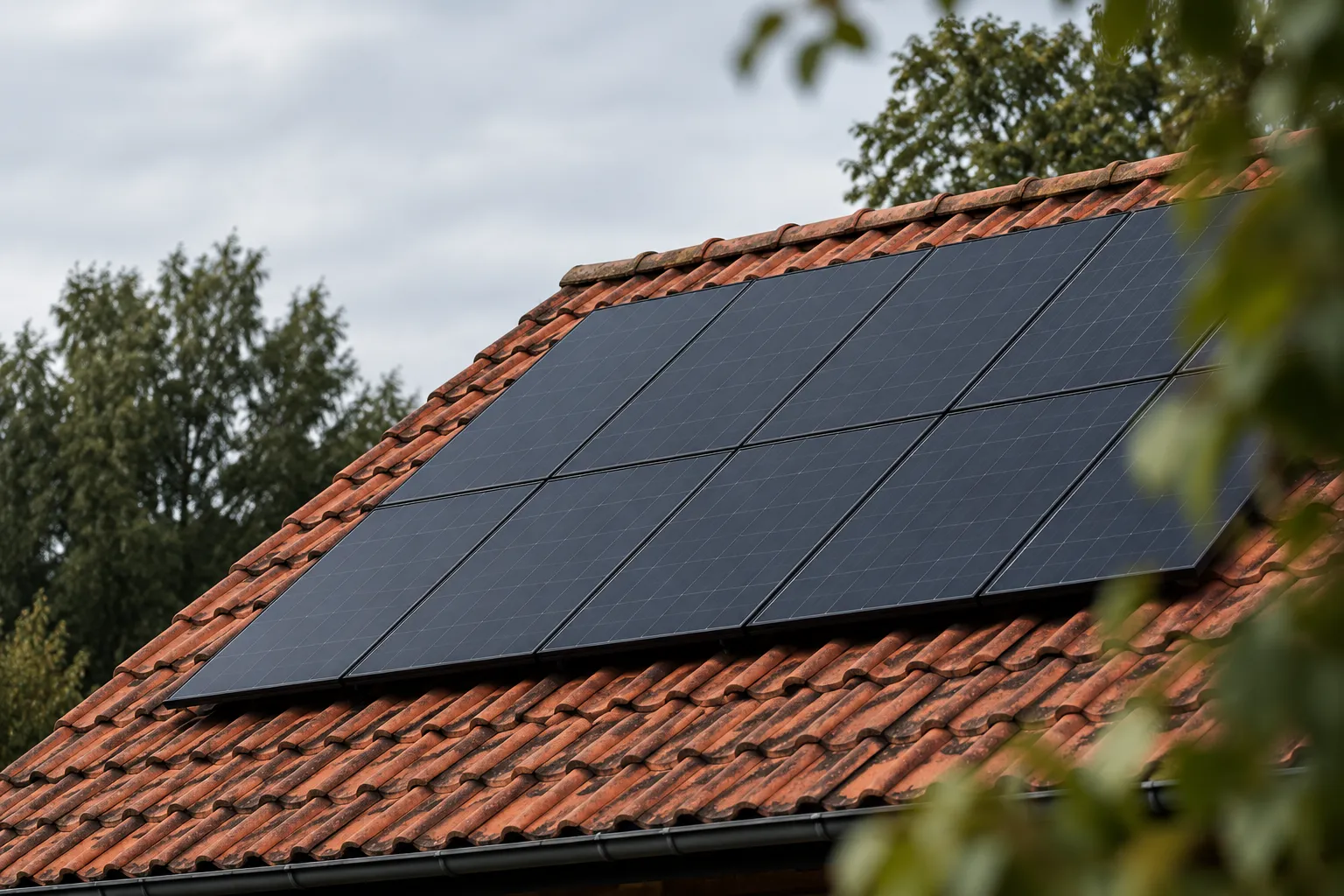 Matte schwarze Solarmodule auf einem roten Ziegeldach im Seitenlicht