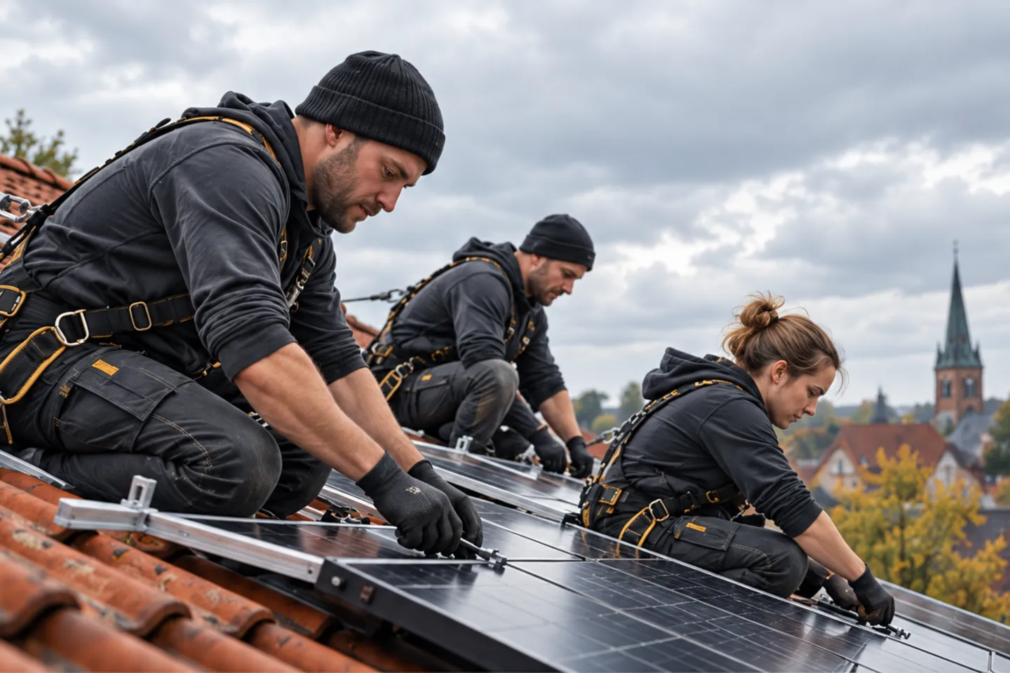 Drei Monteurinnen und Monteure mit Auffanggurten montieren Solarmodule auf einem Ziegeldach über Lüneburg