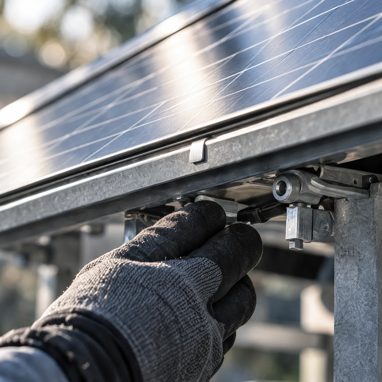 Eine Hand im Arbeitshandschuh prüft die Klemme unter dem Rahmen eines Solarmoduls