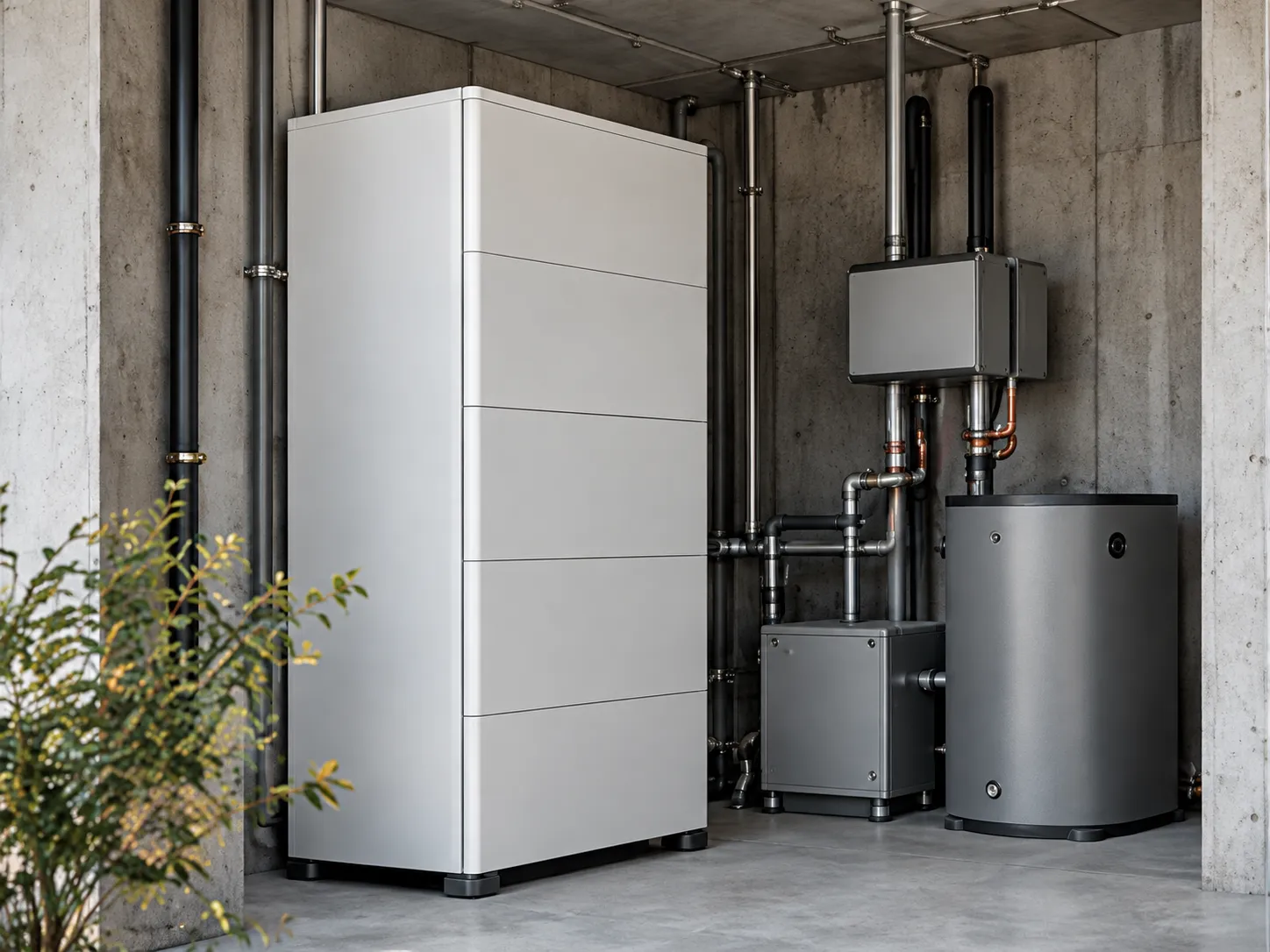 Ein aufgeräumter Technikraum mit Batteriespeicher, Wechselrichter und Warmwasserspeicher an einer Betonwand