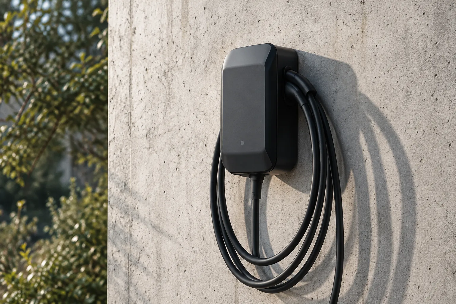 Eine dunkle Wallbox mit aufgerolltem Ladekabel an einer hellen Betonwand