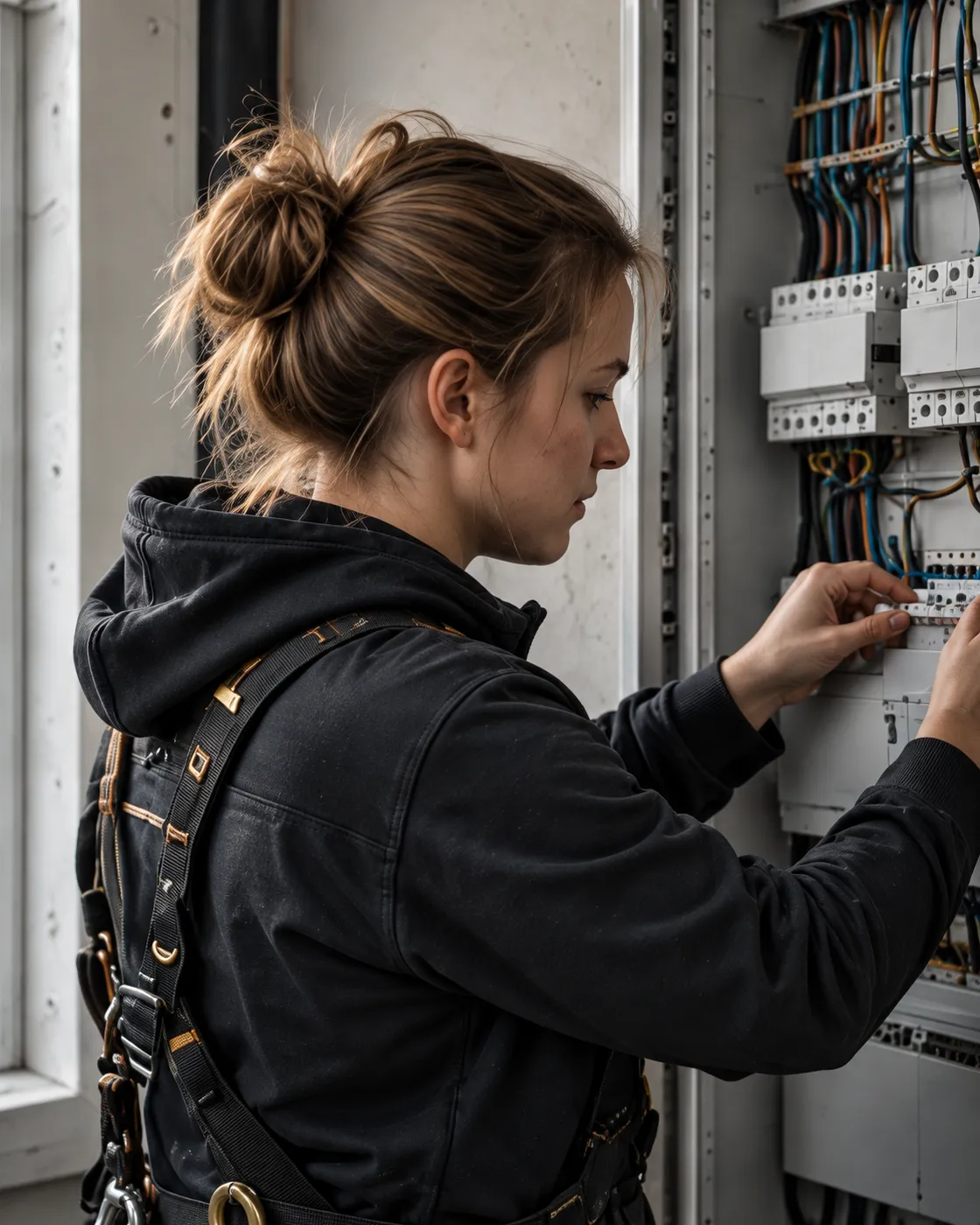 Eine Technikerin mit Sicherheitsgurt arbeitet an einem geöffneten Zählerschrank