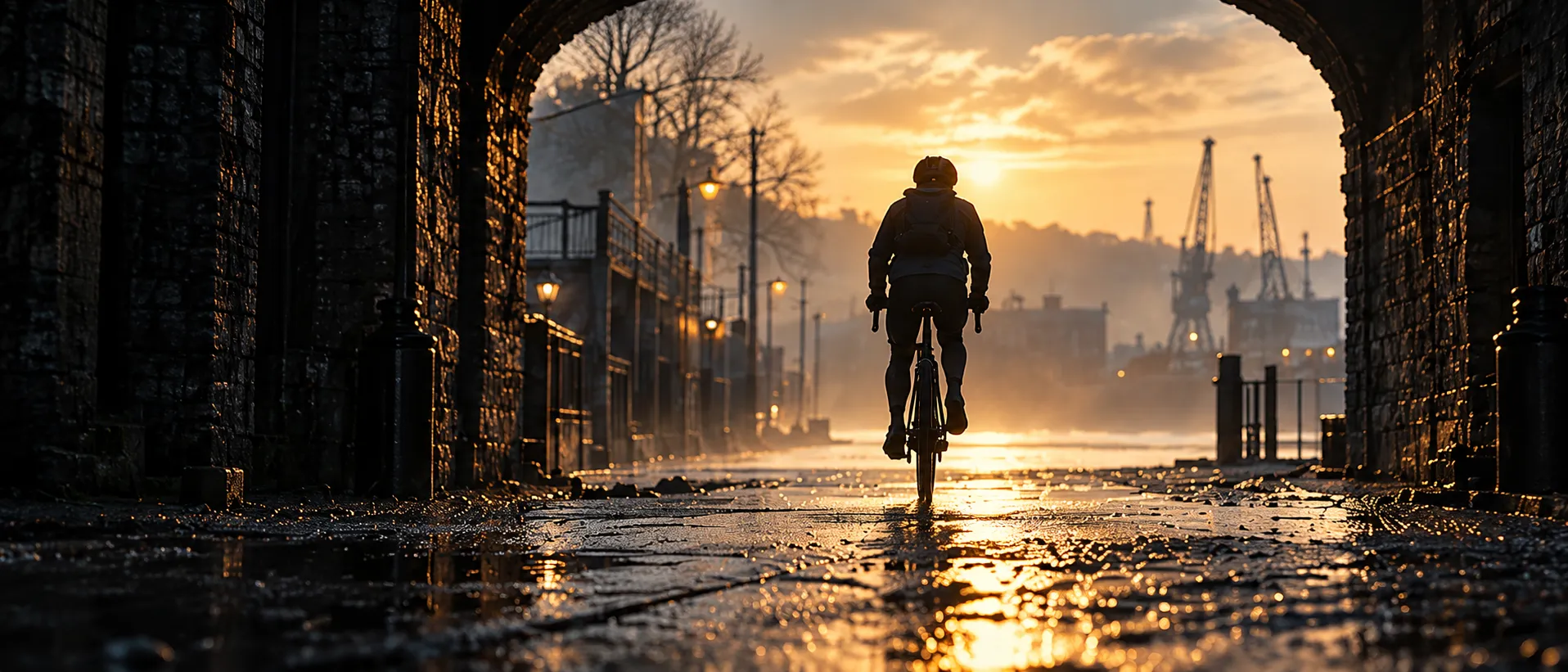 A rider in a helmet riding out of the dark railway arch towards a low sun in the mist