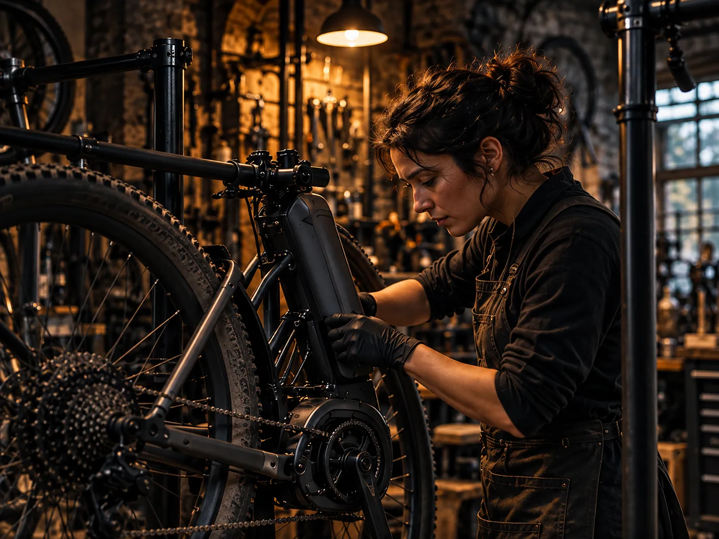 Mira Sandoval in black gloves working on the battery of a black e-bike in a repair stand