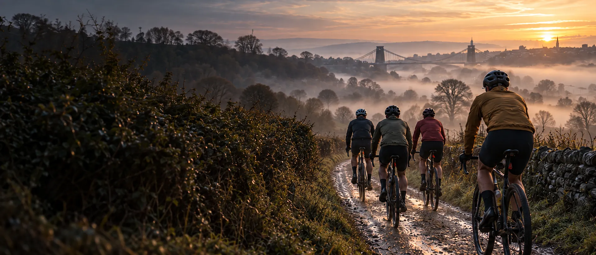 Four riders in helmets on gravel bikes riding away along a misty track between stone walls at first light