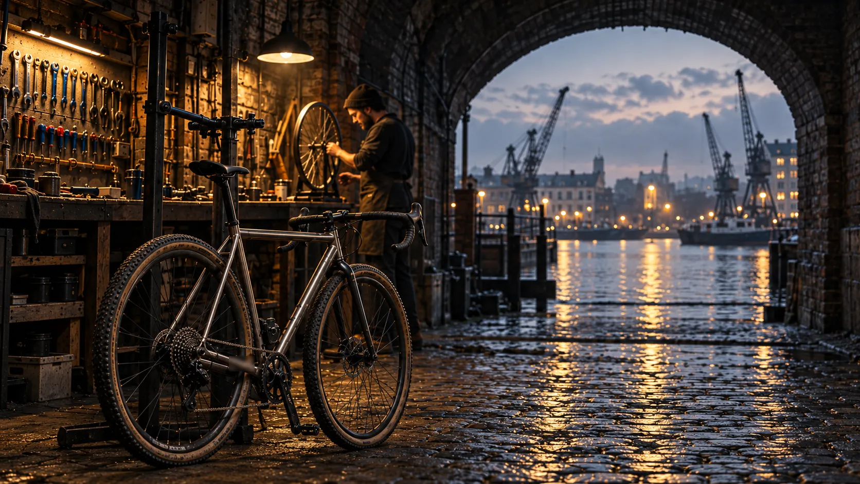 Inside a brick railway arch at dusk: a gravel bike leaning by a repair stand, a mechanic truing a wheel under a lamp, the open arch onto a wet cobbled harbourside with cranes