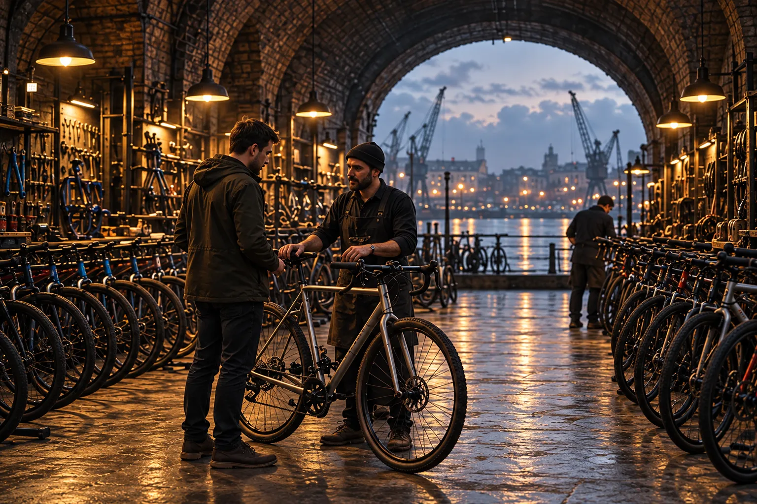 A bike shop floor under a brick vault, rows of bikes on both sides, a customer and a mechanic talking beside a grey gravel bike