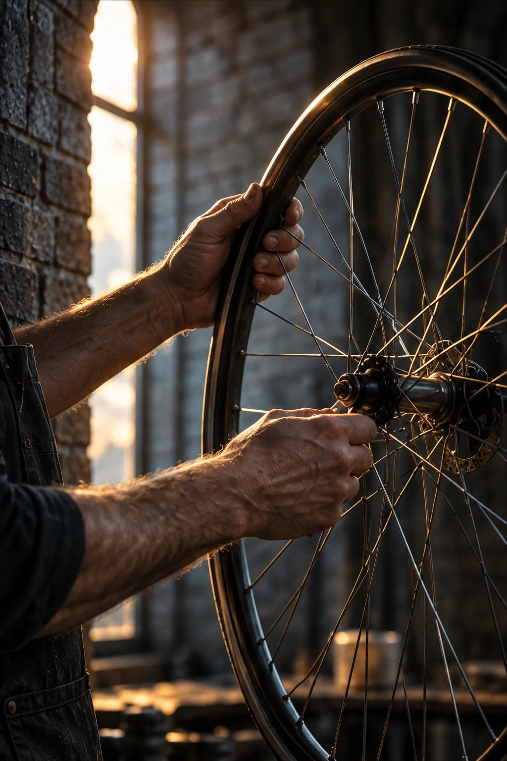 Two hands holding a spoked bicycle wheel by its rim in front of a tall arched window