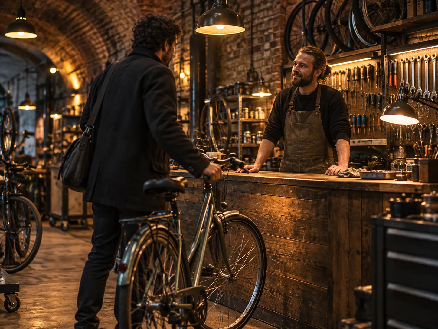 A customer wheeling a city bike up to the workshop counter, a mechanic waiting behind it
