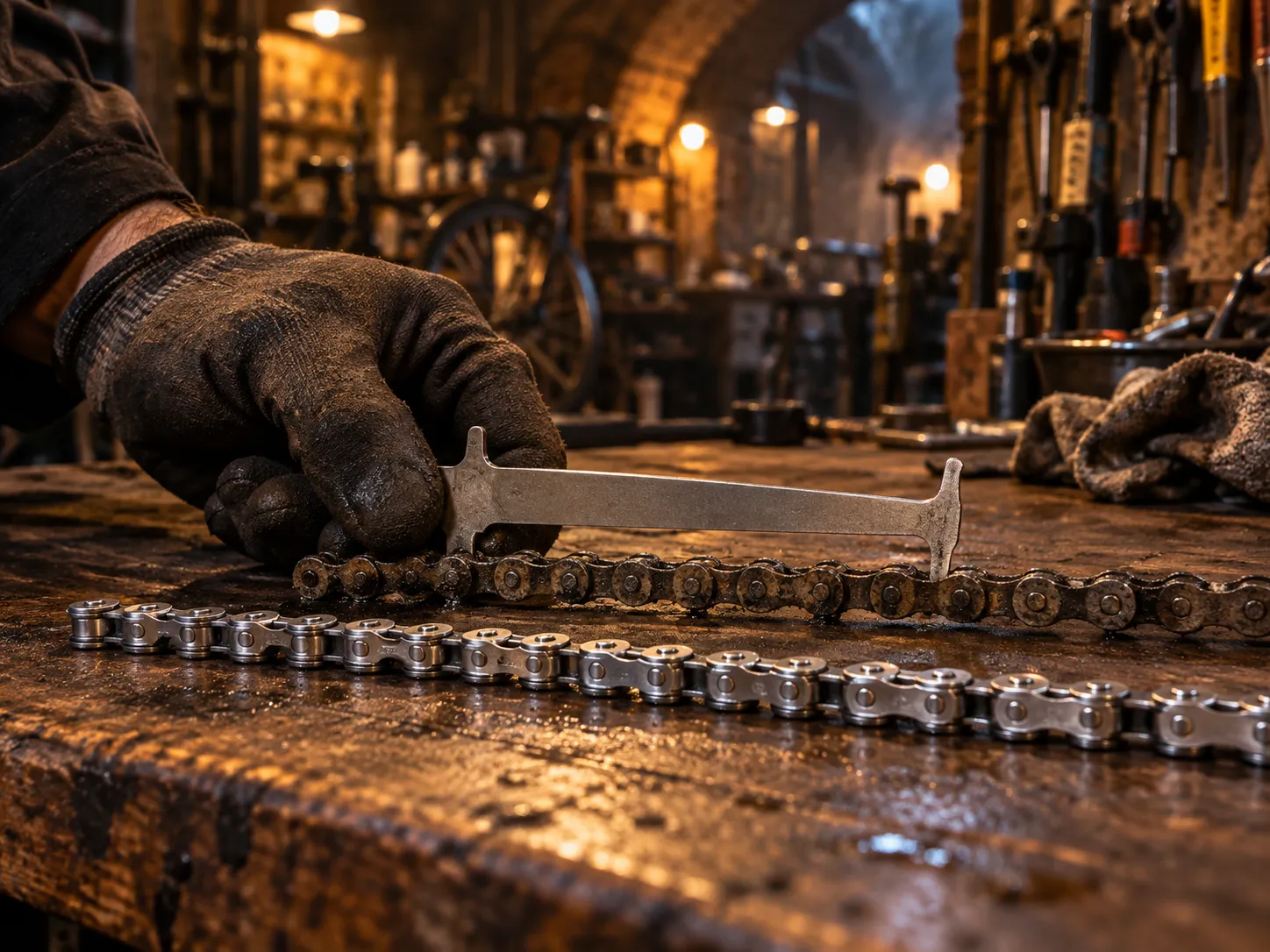 A gloved hand measuring a worn bike chain with a chain checker beside a new chain on the bench