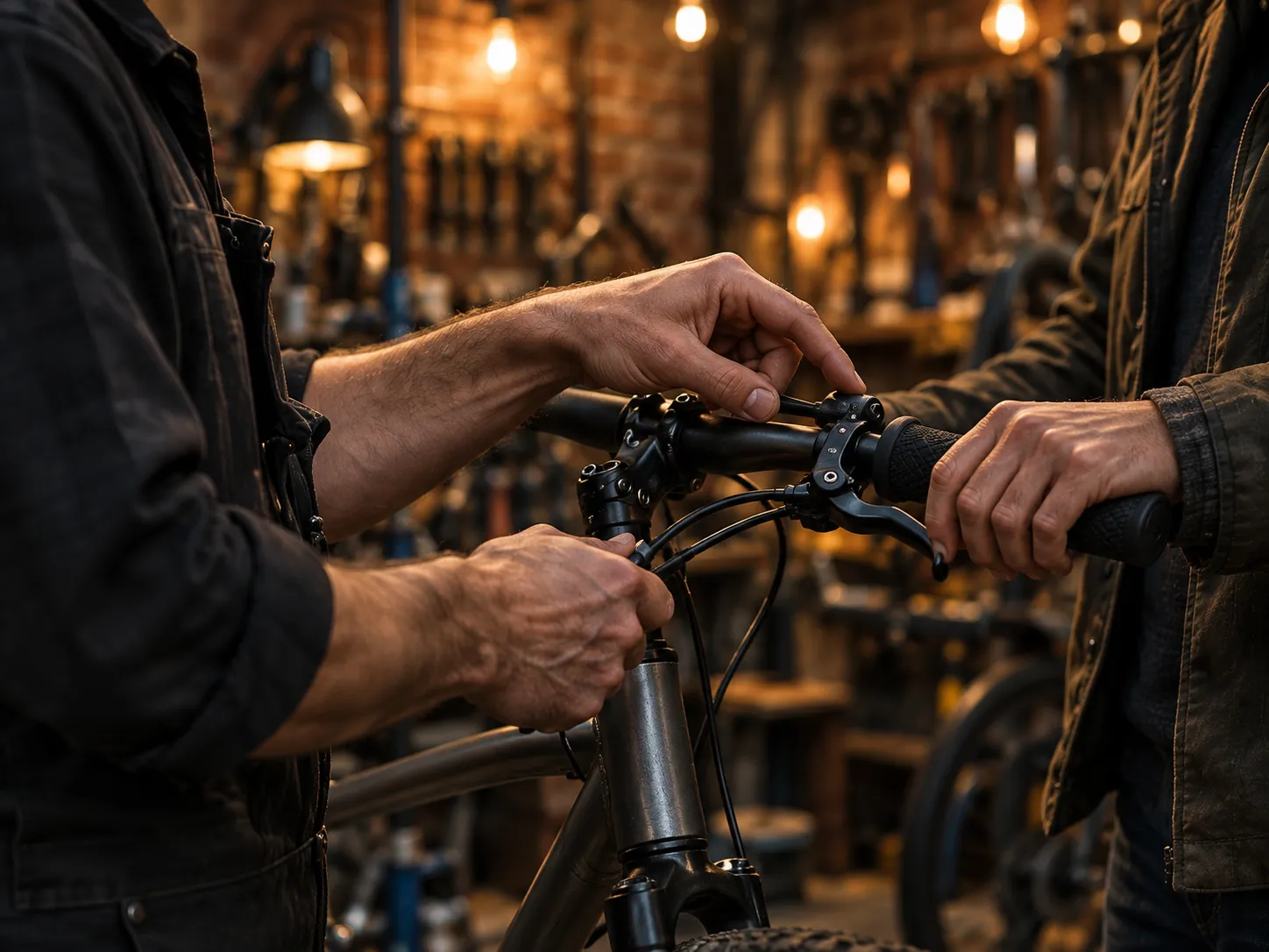 A mechanic's and a customer's hands on the handlebars of a bike, looking over the brake lever together