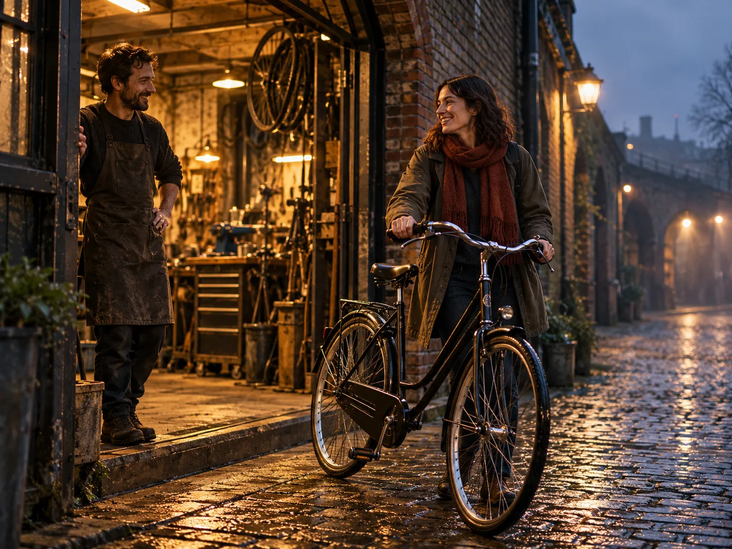 A smiling customer wheeling her serviced city bike out of the arch, a mechanic seeing her off at the door