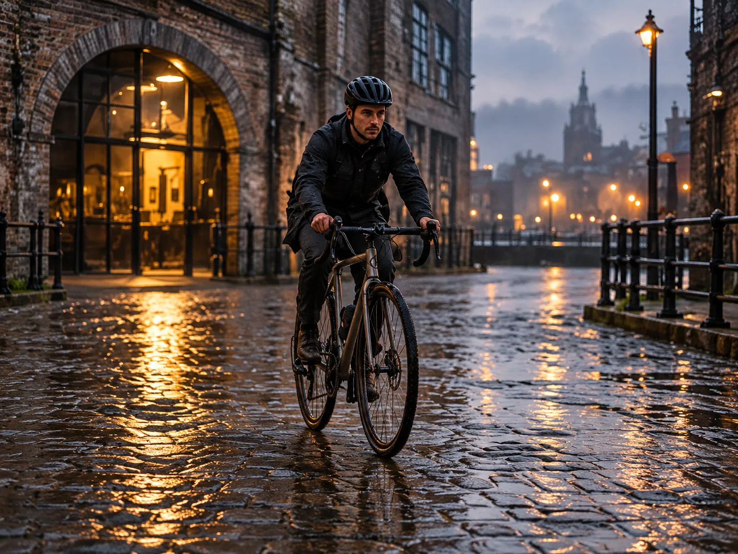 A mechanic in a helmet riding a bike slowly across the wet cobbled yard outside the arch at dusk