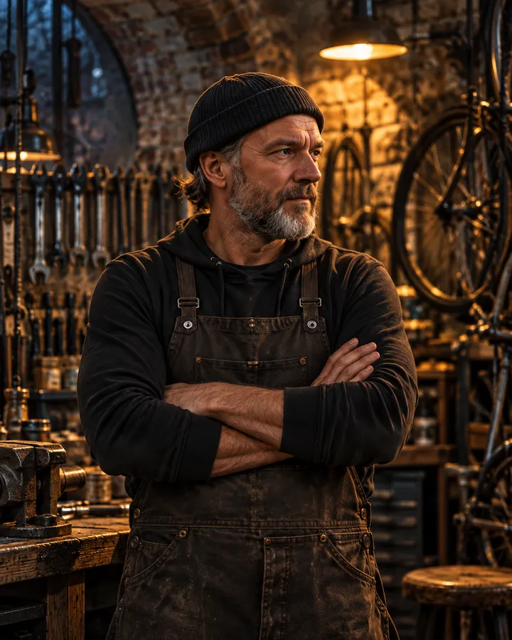 Des Hallett, grey-bearded in a dark beanie and a work apron, arms crossed in the workshop