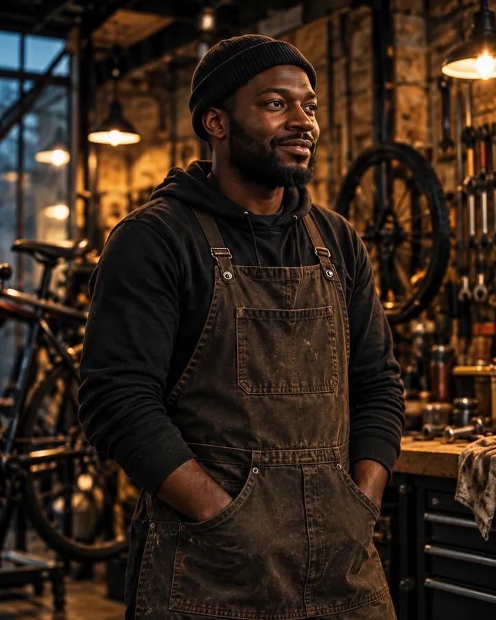Kofi Mensah in a dark beanie and a work apron, smiling in the workshop