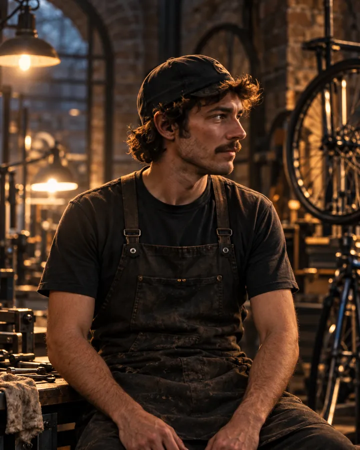 Owen Price in a dark cap and a work apron, sitting on a bench in the workshop