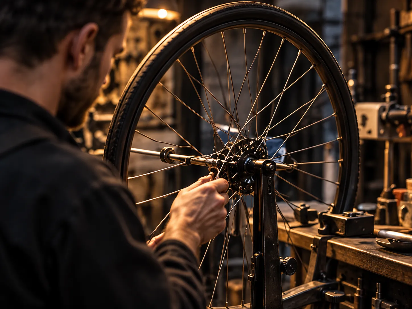 A mechanic truing a spoked wheel on a truing stand under a warm lamp