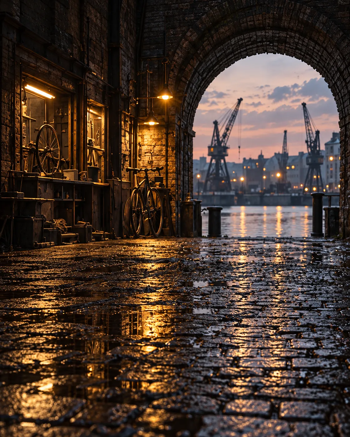 The open railway arch at dusk seen from inside the workshop, wet cobbles running out to the harbour