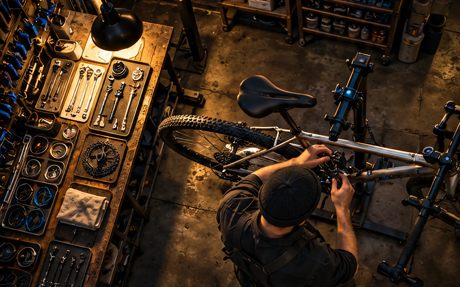 Seen from above, a mechanic working on a bike clamped in a repair stand beside a bench of ordered tools