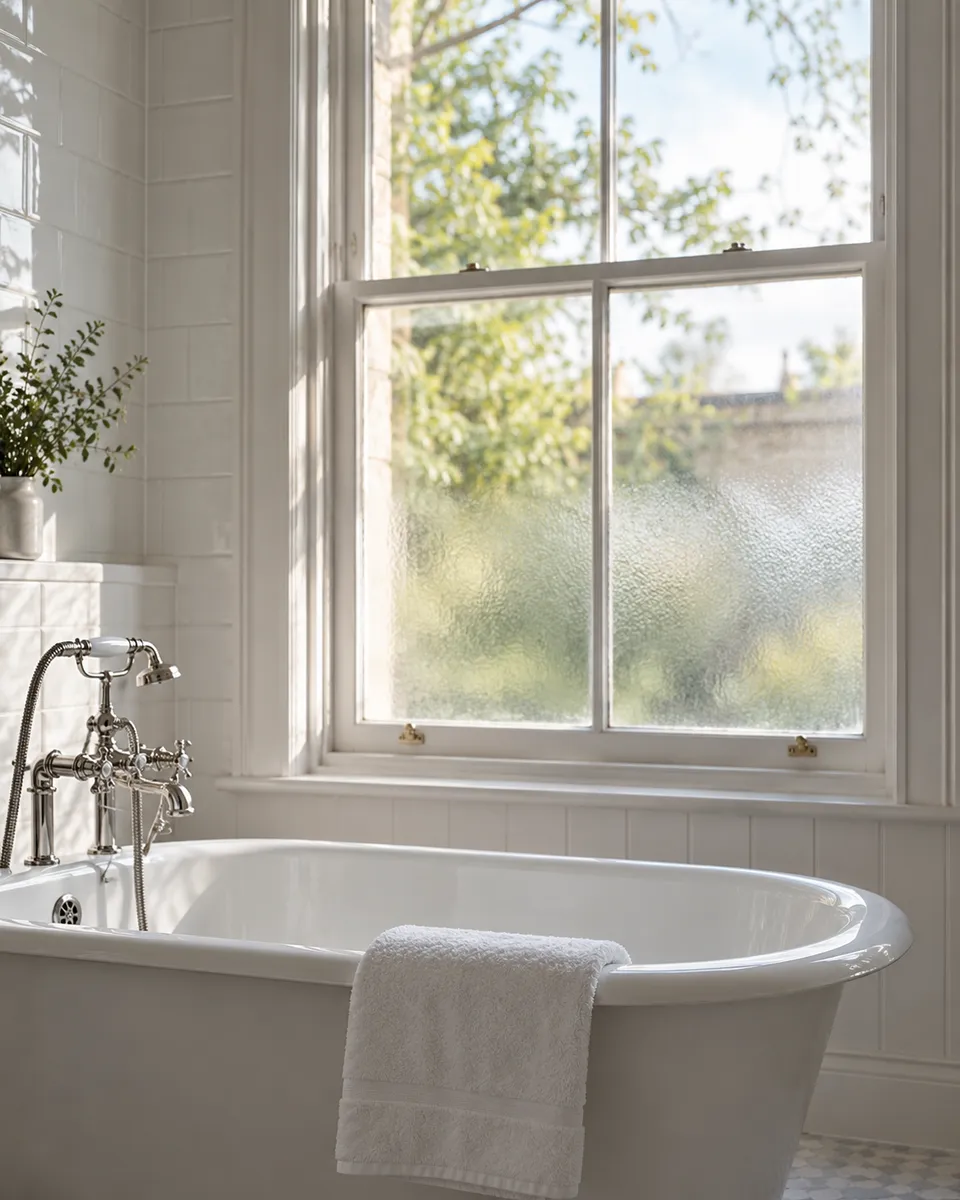 A spotless white bathroom after a clean: a freestanding bath, white tiles and a folded towel by a sash window