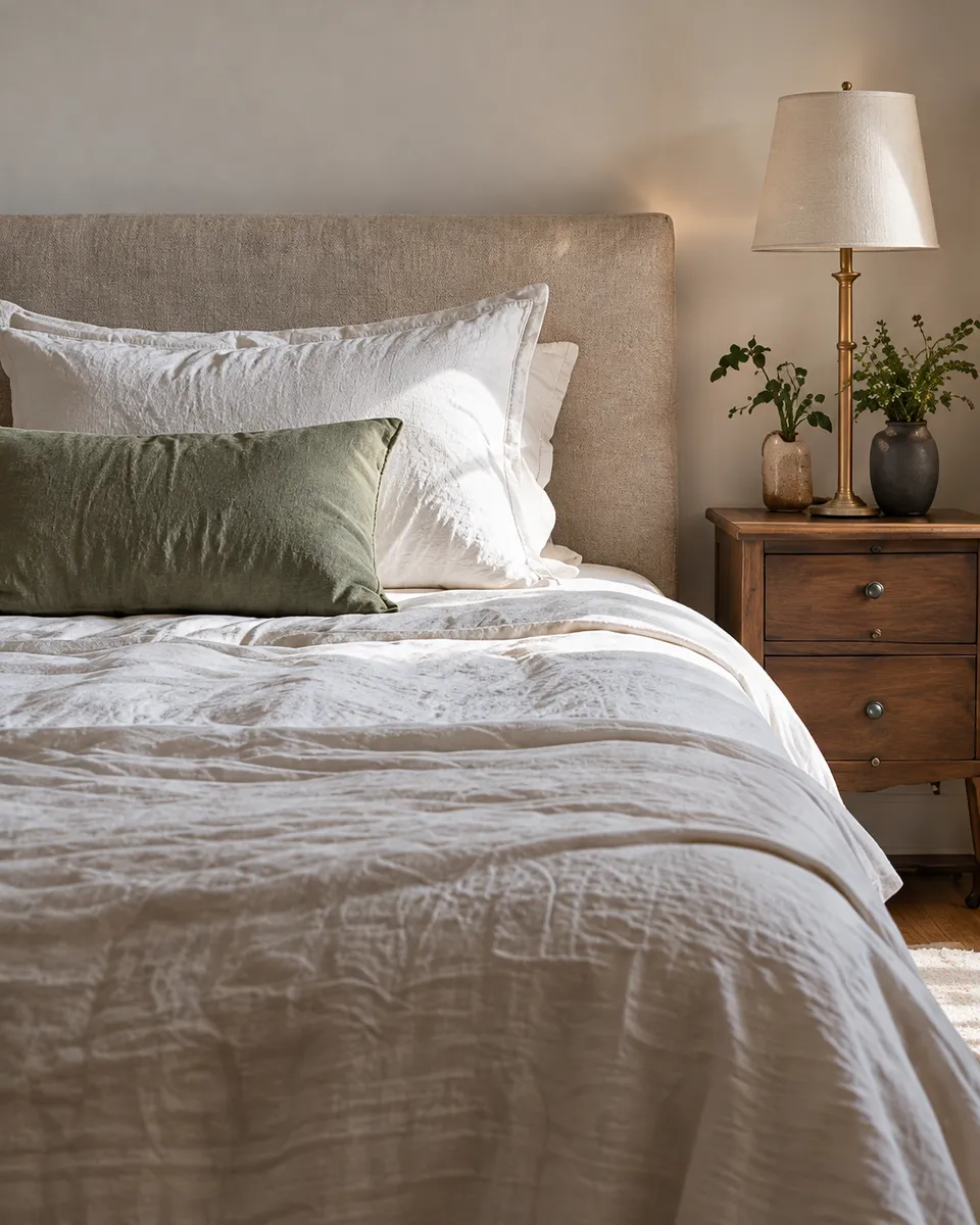 A freshly made bed in white linen with a sage cushion, a wooden bedside table and a lamp