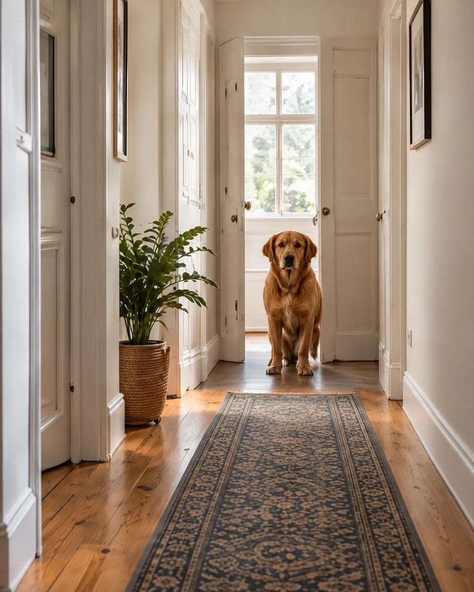 A clean timber hallway with a runner rug, a golden dog waiting calmly beyond an open white door