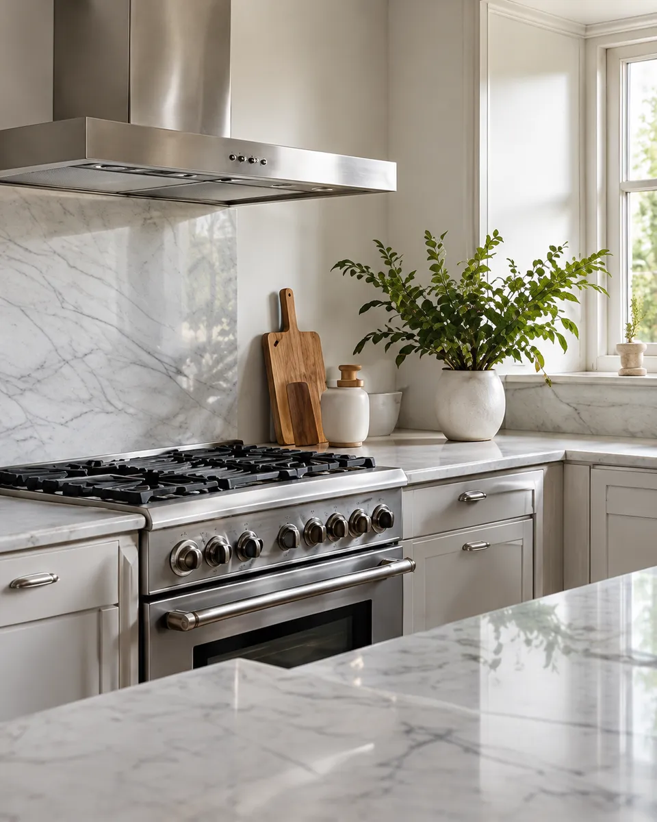 A spotless kitchen after a clean: a steel range cooker, a marble worktop and a small plant in morning light