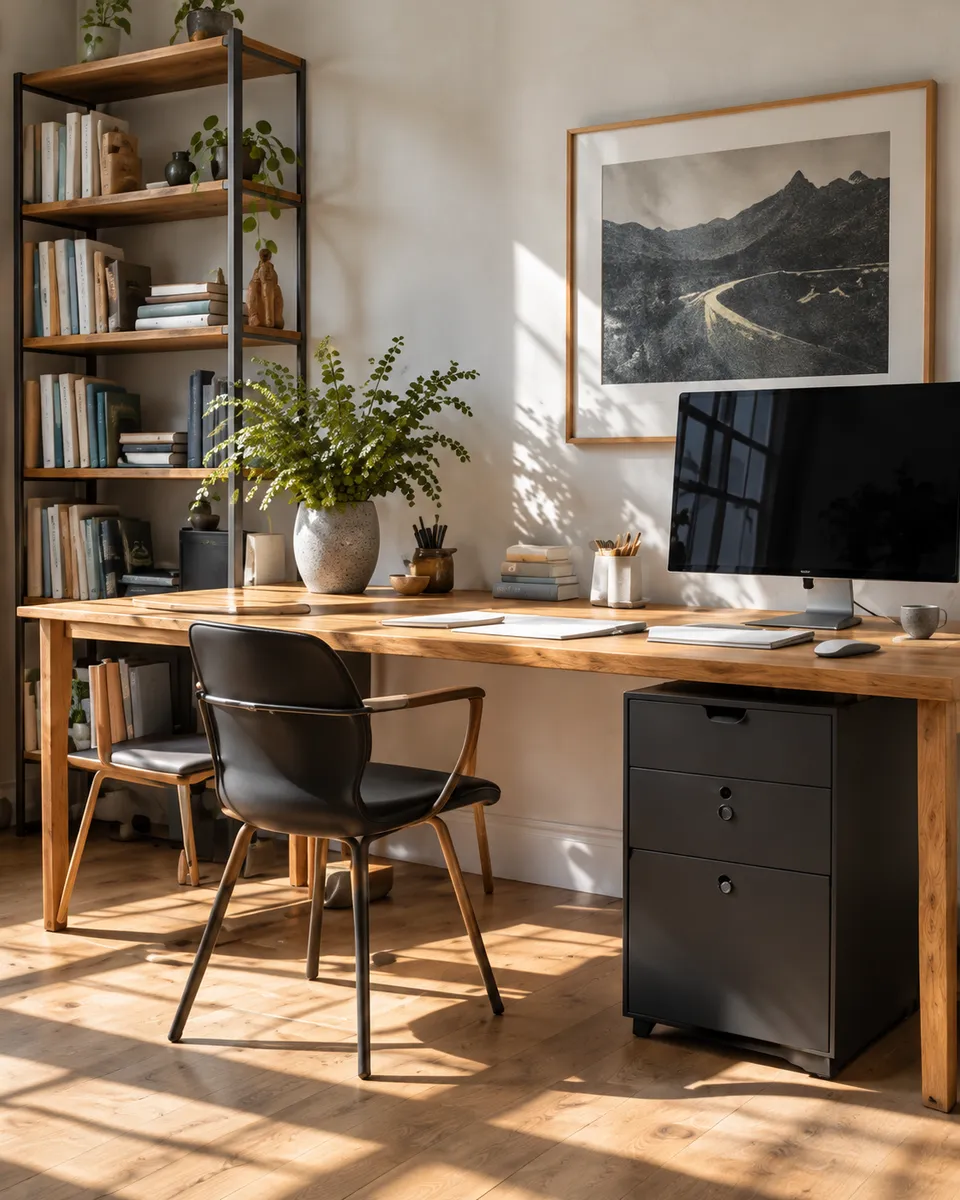 A tidy small studio after an early-morning clean: an oak desk, a black chair and shelves of books and plants