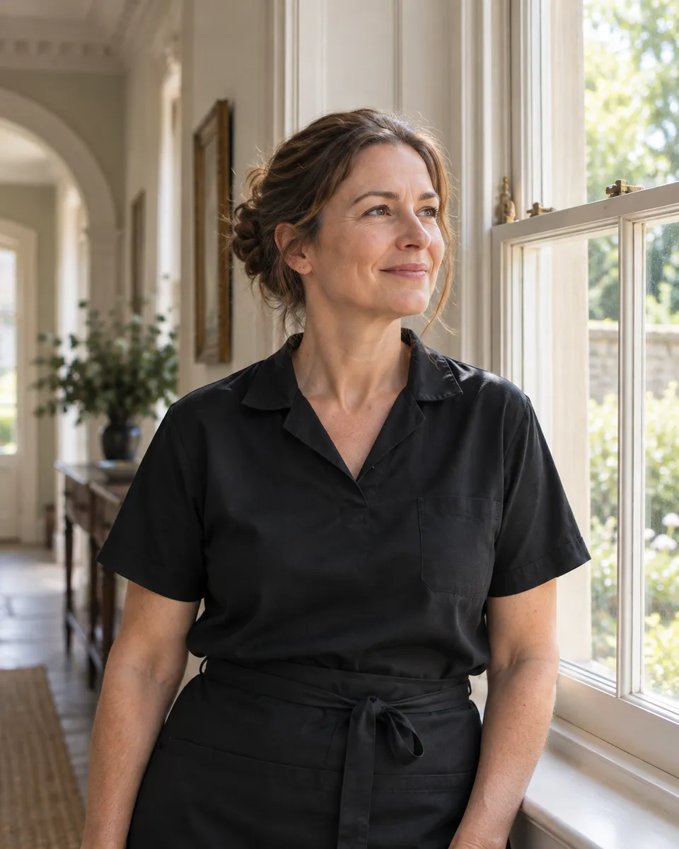 Dee Castell, who started Spruce & Shine, smiling in a dark work shirt and apron in the hallway of a Georgian house