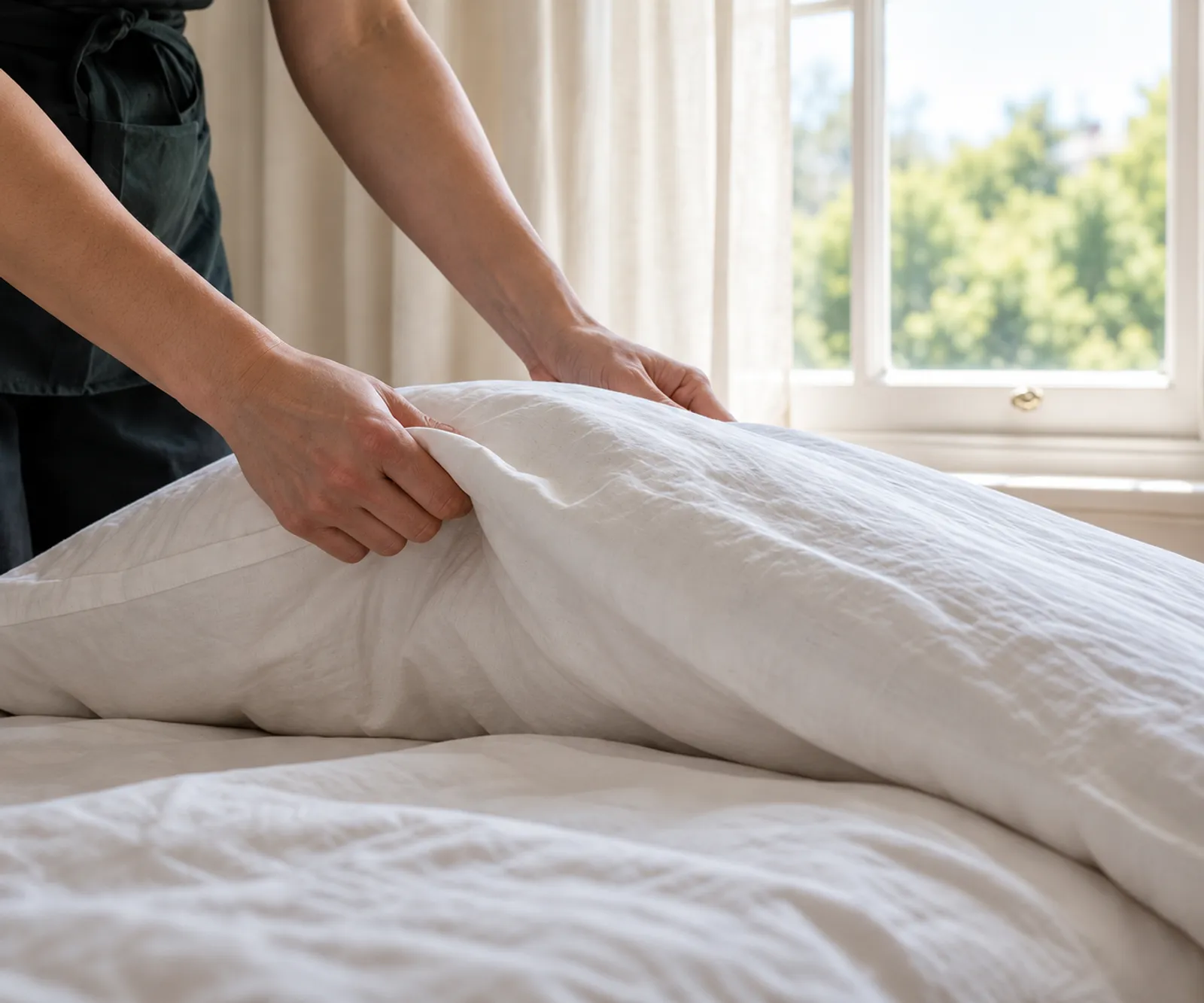 Hands folding back a crisp white linen duvet on a freshly made bed beside a sash window