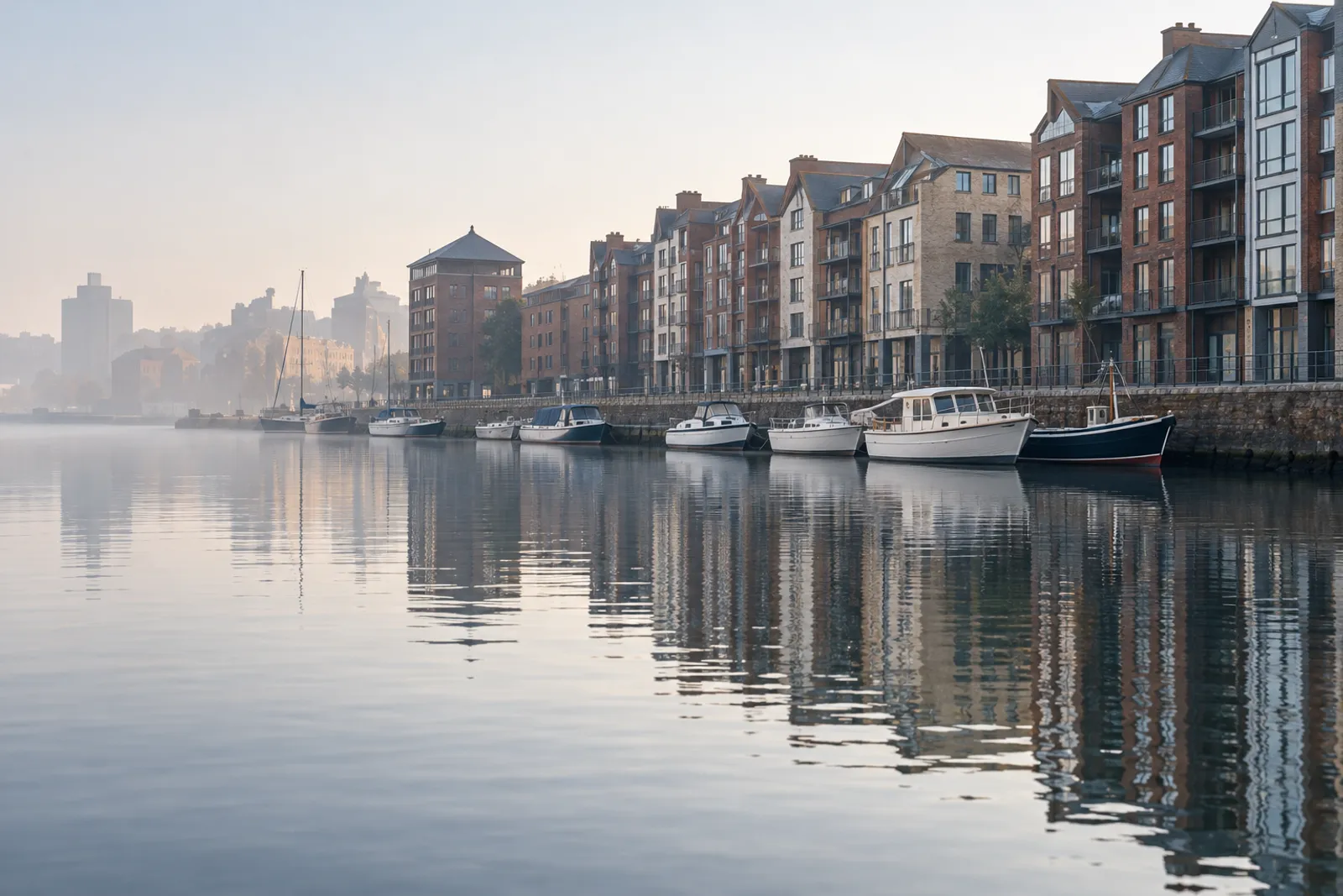 Still harbour water at first light, pale warehouse fronts and a few moored boats reflected in it