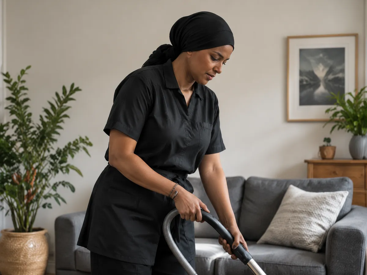 Mariam vacuuming a rug in a lived-in sitting room with a grey sofa and plants