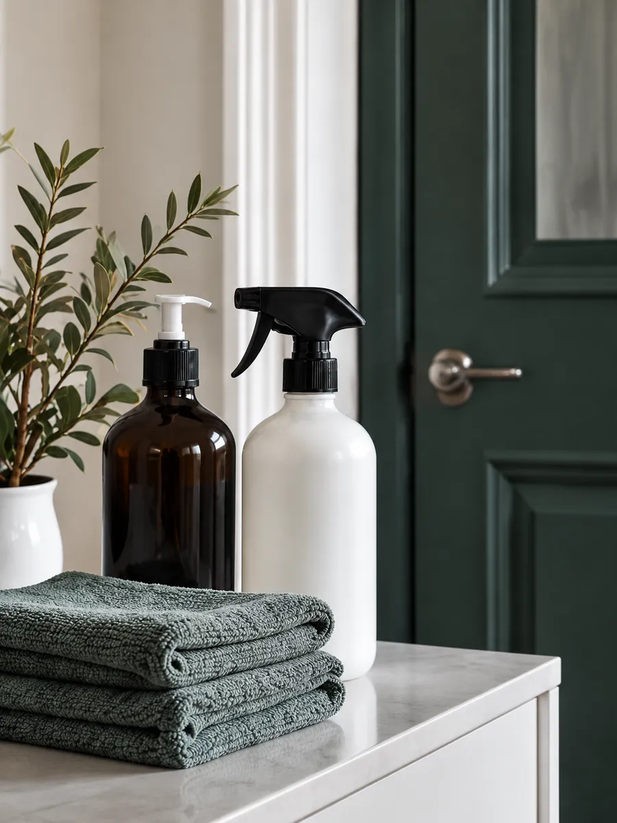 Unlabelled refill bottles and folded grey-green microfibre cloths on a white console beside a dark green front door