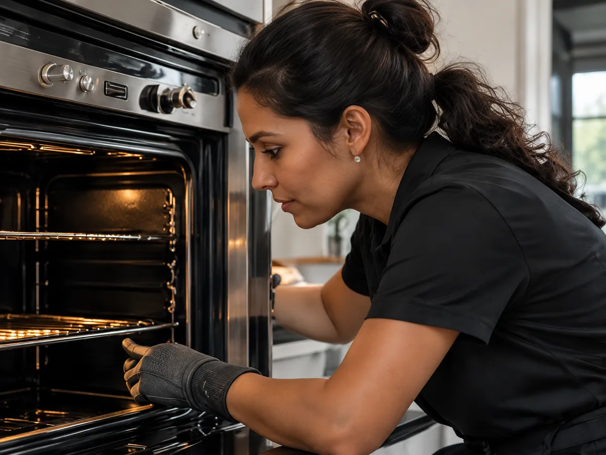 Rosa Fernandes in gloves checking the inside of a clean oven