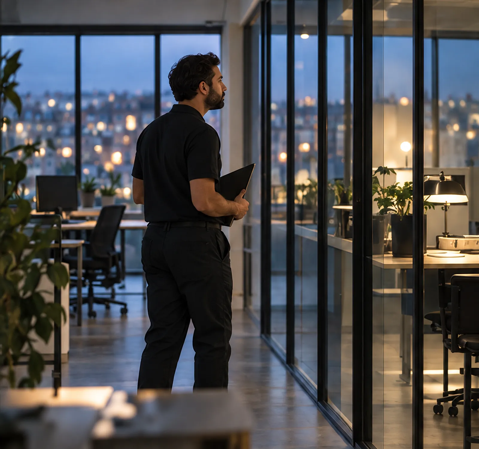 Tom, the office-cleaning supervisor, holding a clipboard in a quiet design studio at blue hour, glass partitions and desk lamps around him