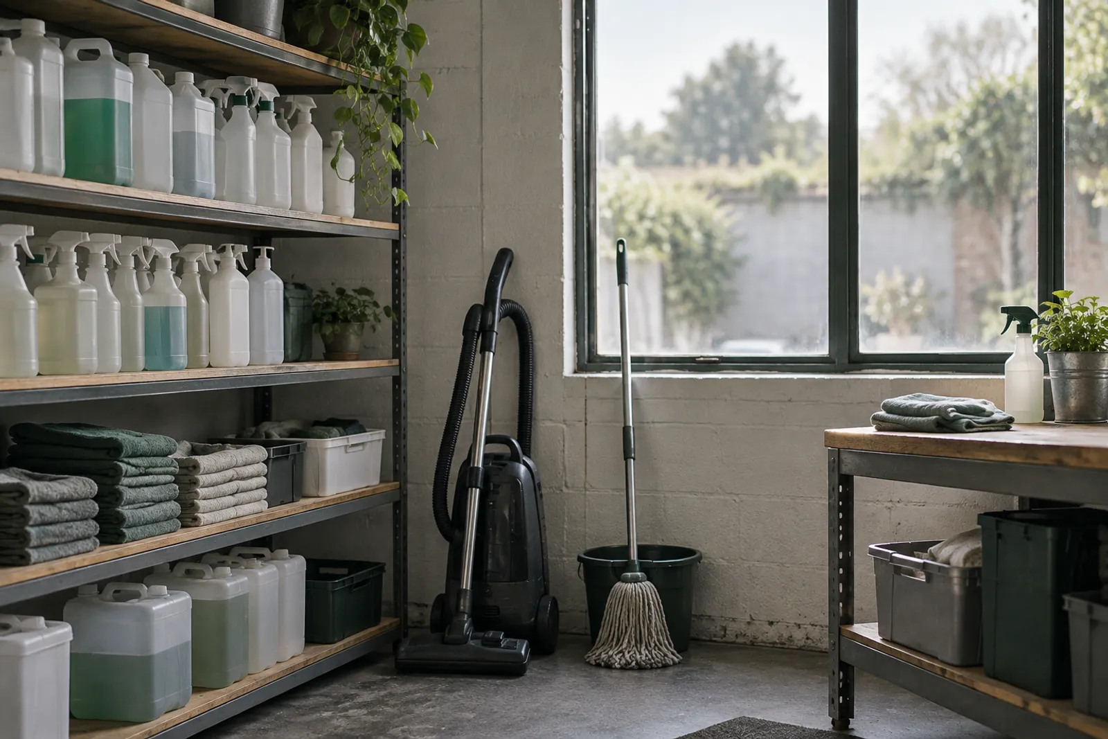 The workroom at the yard unit in morning light: shelves of refill bottles and folded cloths, a vacuum and a mop ready by the window