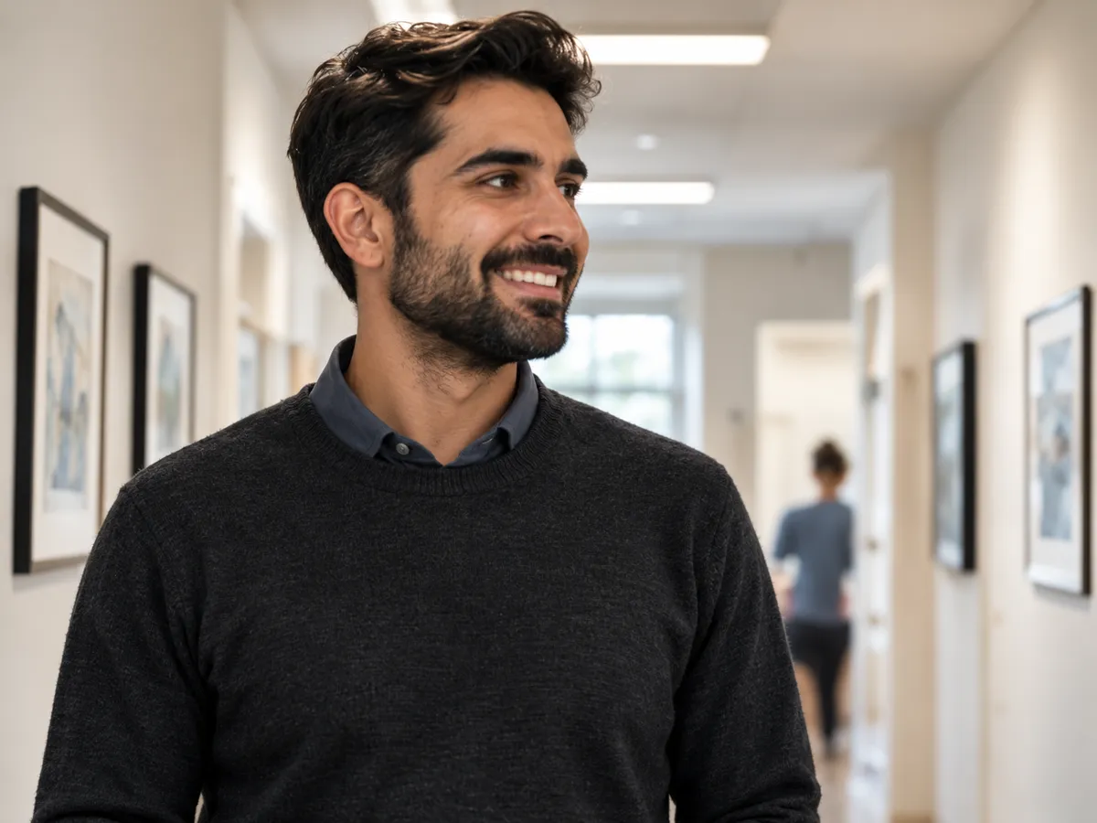Tom Malik smiling in a bright office corridor