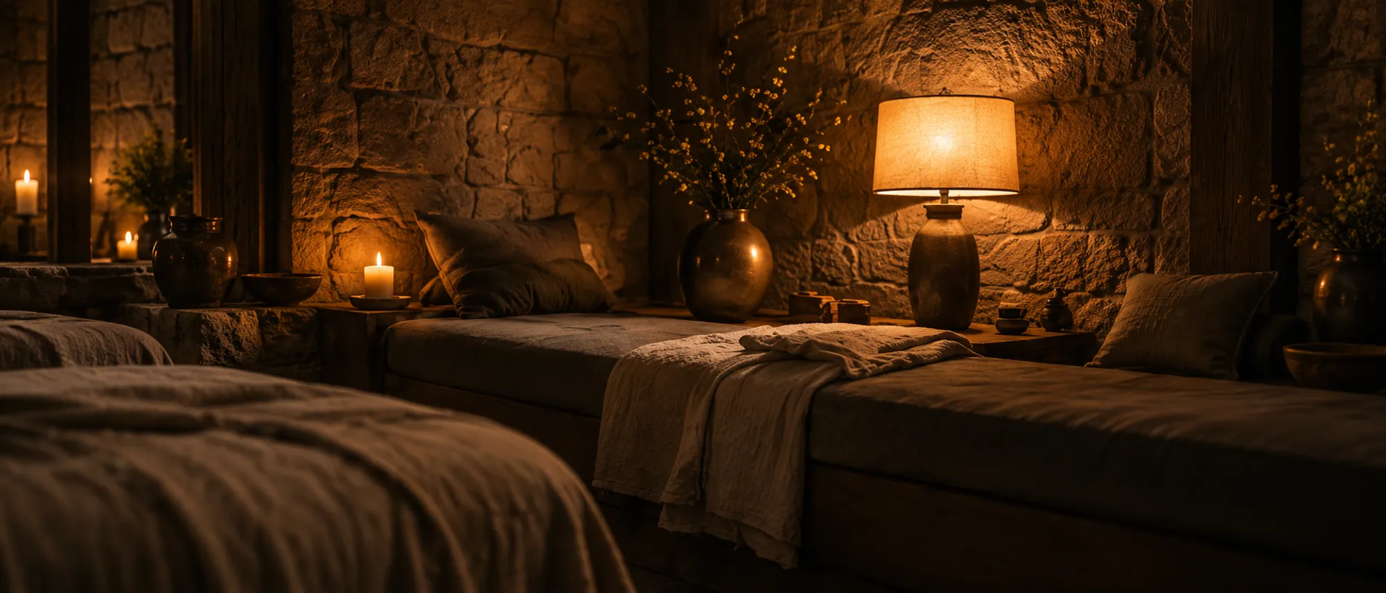 The quiet room in a wide shot: a low daybed, linen throws and a warm lamp against a stone wall