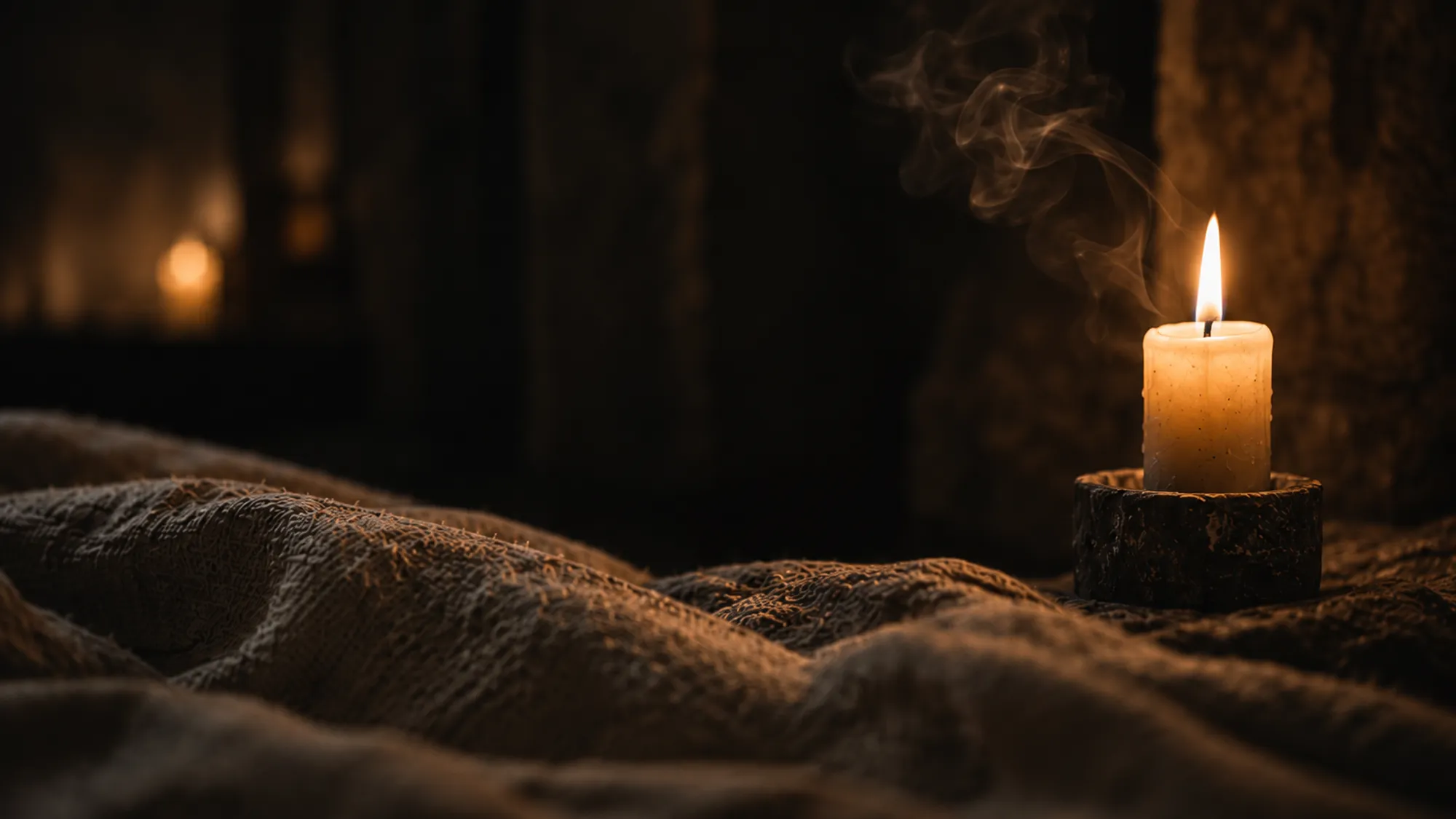 A single pillar candle on a dark wooden block, smoke curling up, soft linen in the foreground