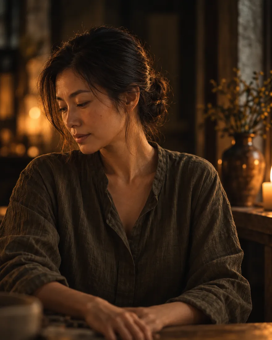 Amara Chen, facialist, in an olive linen tunic, hair in a low knot, glancing down in lamplight